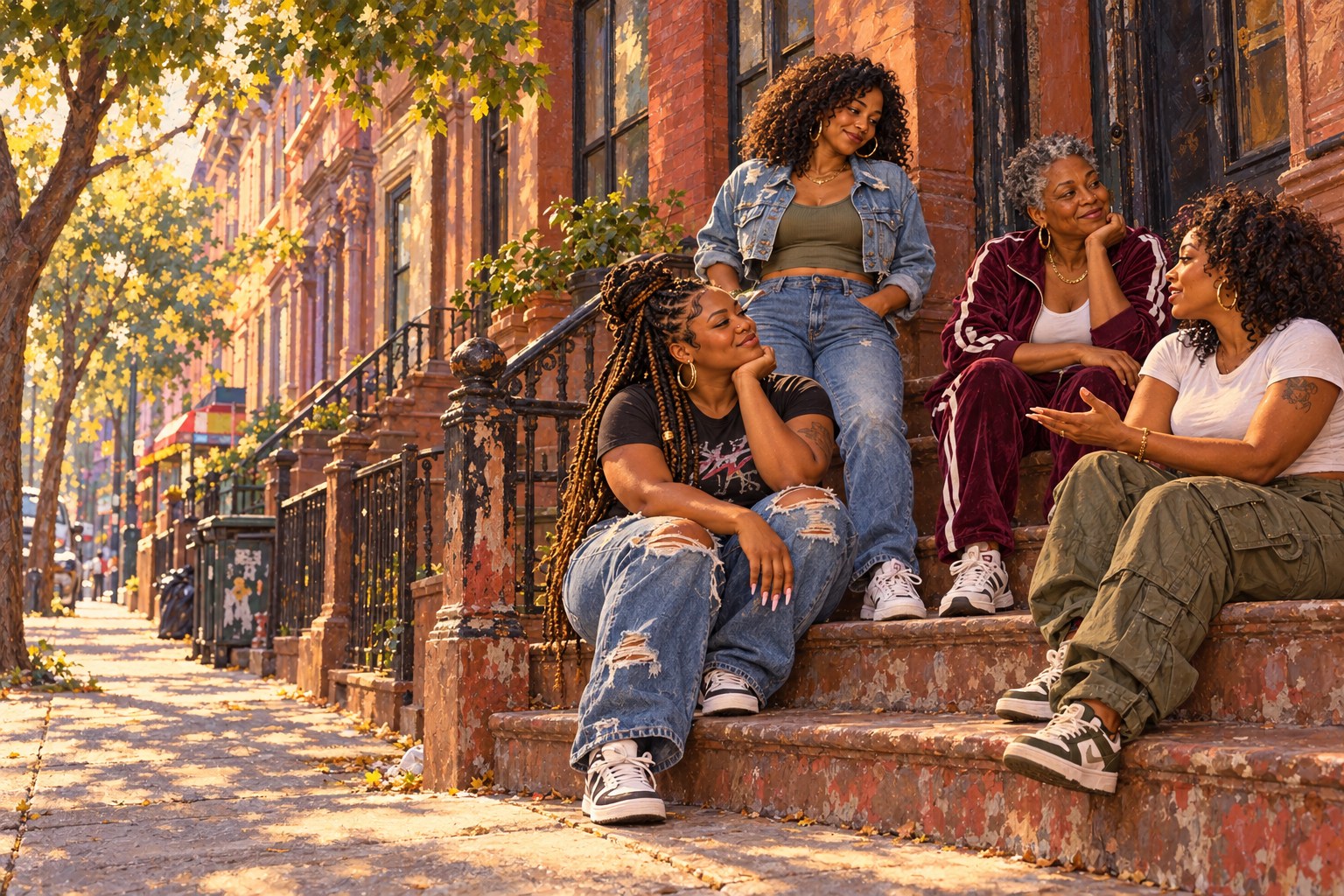 Painted vision of four women together on a sunlit Brooklyn brownstone stoop